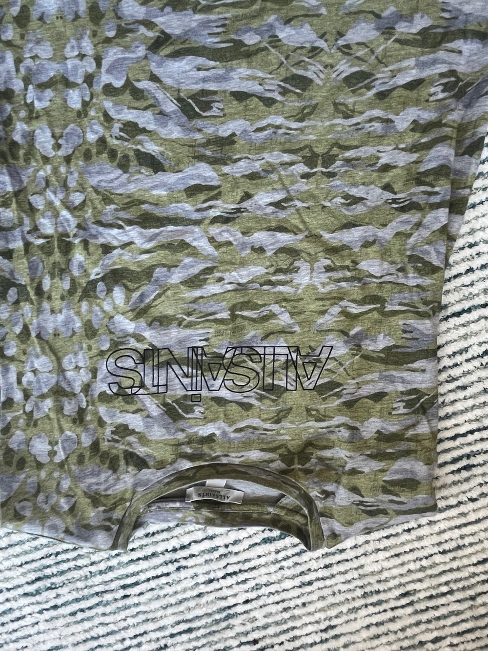 All Saints Olive Green Camo Graphic Tee with Black Outline Logo